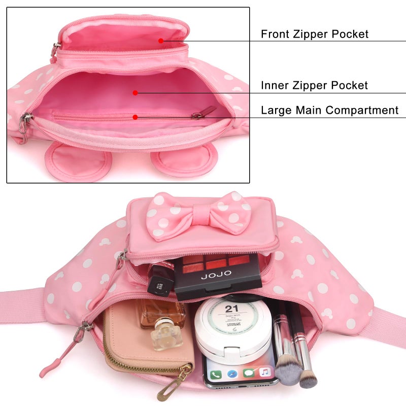 Dksyee Pink Fanny Pack for Women Teen Girls Mini Mouse Fanny Pack Cute Bowknot Polka Dot Waist Pack Outdoor Travel Waist Bag Cartoon Hiking Belt Bag Bum Bags with Mouse Ears - Image 3