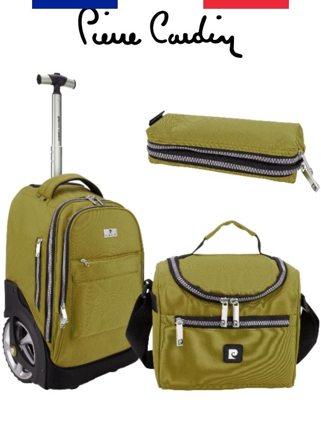 pierre cardin 3 Piece Kids School Trolley Bag laptop compartment Big Wheels With Lunch bag & Pencil Case  - Image 1