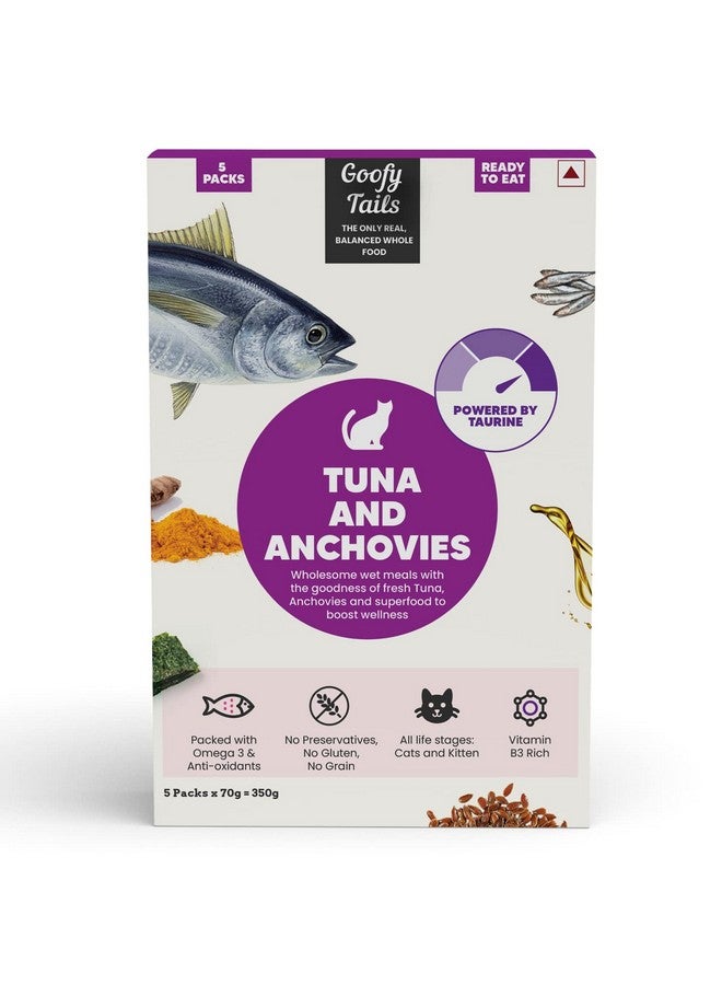 جووفى تريلز طعام القطط الرطب والقطط الصغيرة من Goofy Tails، سمك التونة والأنشوجة 350 جم (70 جم × 5 أكياس)، خالٍ من المواد الحافظة والغلوتين والحبوب، طعام رطب متوازن للقطط، مدعم بالتورين مع أوميجا 3 ومضادات الأكسدة - Image 1