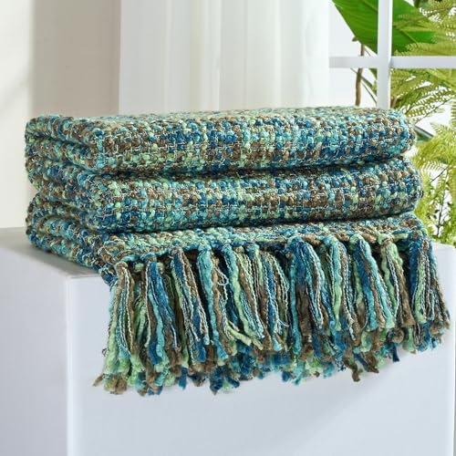 GINAMUSE Multi-Color Green Cable Knitted Throw Blanket for Couch,50"X60" Boho Style Textured Blankets for Home Decor,Super Soft Warm Cozy Chunky Knit Blanket with Decorative Tassels for Bed and Sofa - Image 1