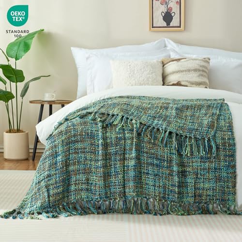 GINAMUSE Multi-Color Green Cable Knitted Throw Blanket for Couch,50"X60" Boho Style Textured Blankets for Home Decor,Super Soft Warm Cozy Chunky Knit Blanket with Decorative Tassels for Bed and Sofa - Image 2