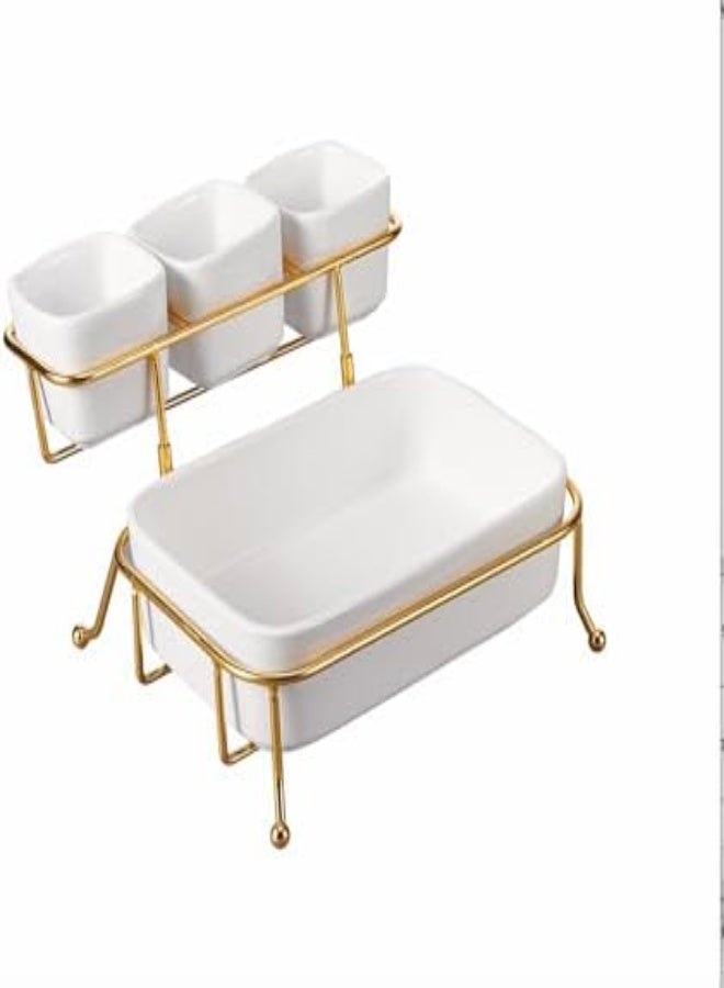 Orchid طقم أوعية تقديم مكون من 4 قطع من أوركيد مع حامل ذهبي، طبق سيراميك للفاكهة الطازجة مع رف معدني، صينية فواكه مجففة، طبق وجبات خفيفة، طبق شواء، صينية وجبات خفيفة، رقائق وأطباق صلصة للبسكويت (Dtc22431G) - Image 4