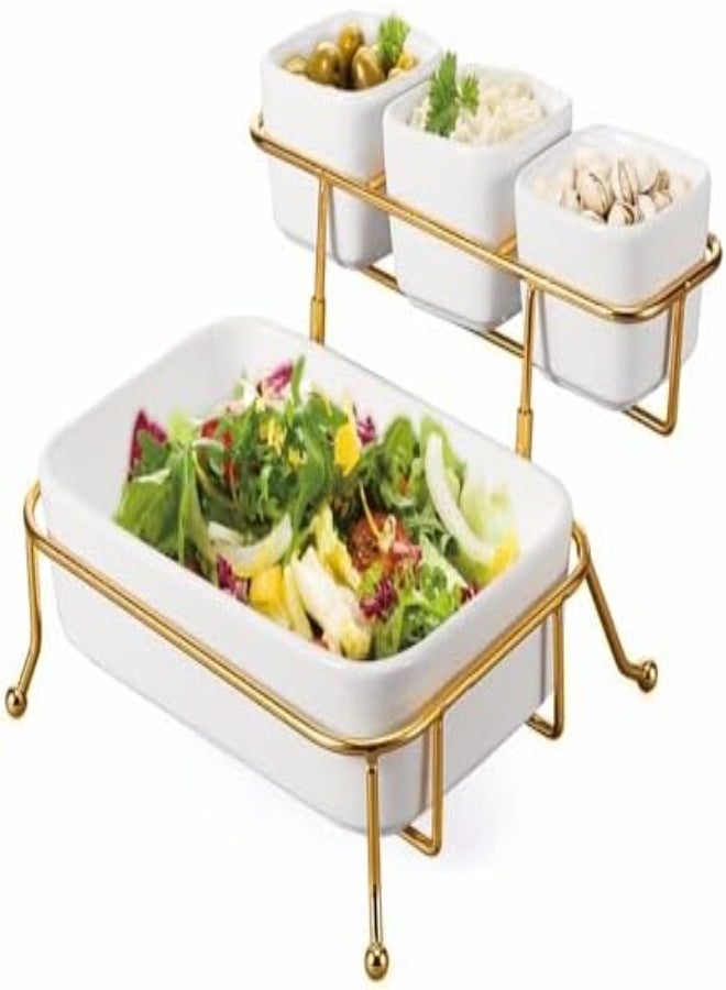 Orchid طقم أوعية تقديم مكون من 4 قطع من أوركيد مع حامل ذهبي، طبق سيراميك للفاكهة الطازجة مع رف معدني، صينية فواكه مجففة، طبق وجبات خفيفة، طبق شواء، صينية وجبات خفيفة، رقائق وأطباق صلصة للبسكويت (Dtc22431G) - Image 3