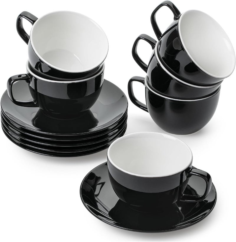 Brew To A Tea BTaT Porcelain Tea Cups and Saucers  6oz Black Set of 6 Adults - Image 1