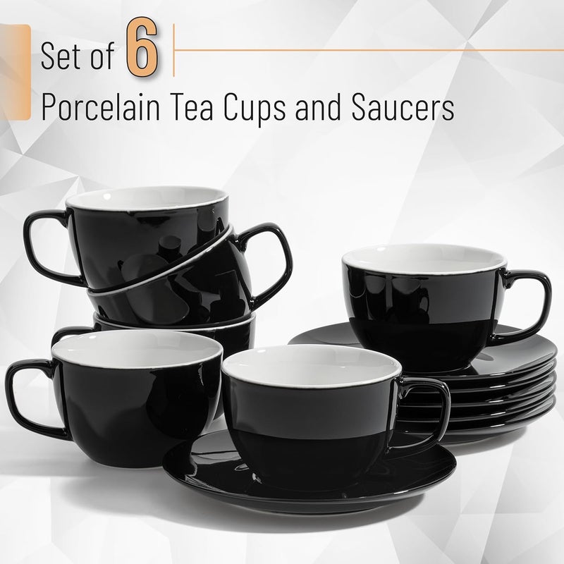 Brew To A Tea BTaT Porcelain Tea Cups and Saucers  6oz Black Set of 6 Adults - Image 2