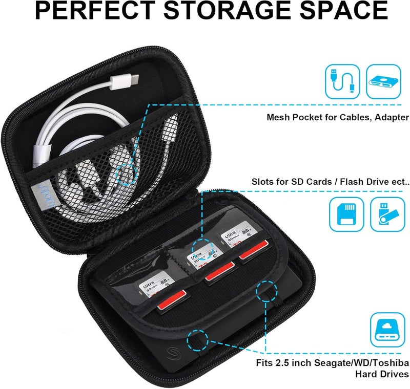 Lacdo Hard Drive Carrying Case for Seagate Portable External Hard Drive, Toshiba Canvio Basics/Flex WD Elements/My Passport HDD Case 1TB 2TB 4TB 5TB 6TB Shockproof Travel Bag,Black - Image 2