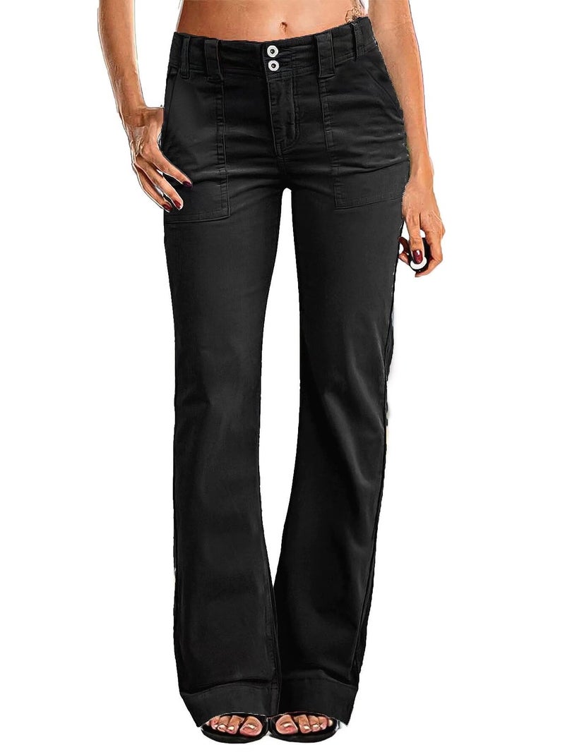 Flamingals Women's Wide Leg Pants for Women Mid Waist Dress Flare Straight Leg Corduroy Pants Workout Jeans Trendy Black L - Image 1