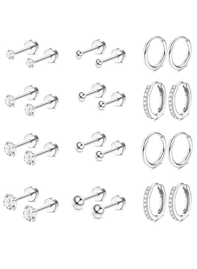 أقراط مطلية بالذهب عيار 14 قيراط مضادة للحساسية للنساء والرجال، أقراط من الفولاذ الجراحي المقاوم للصدأ للأذن الحساسة، مجموعة أقراط صغيرة مسطحة وخطافية للأذن، مجموعة أقراط للثقب المتعدد، طقم مجوهرات مناسب للجنسين، أولاد وبنات، هدية، (12 زوجًا في المجموعة) - Image 1