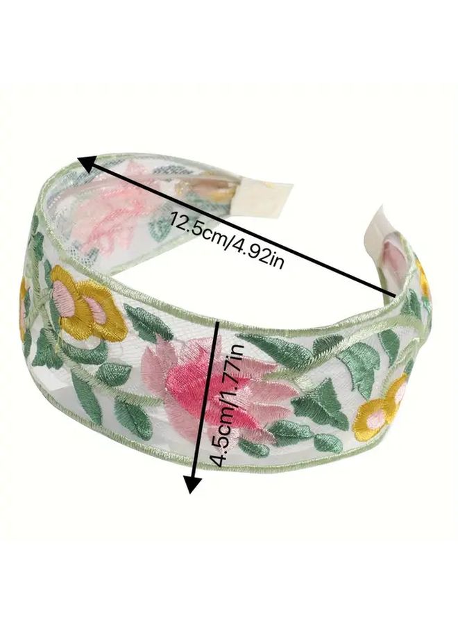 Pink Embroidered Hair Ties Floral Lace Beadwork Wide Ribbon Headband for Women - Image 4