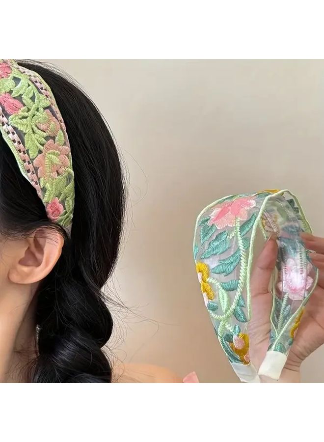 Pink Embroidered Hair Ties Floral Lace Beadwork Wide Ribbon Headband for Women - Image 2