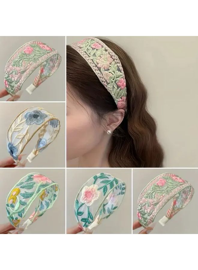Pink Embroidered Hair Ties Floral Lace Beadwork Wide Ribbon Headband for Women - Image 3
