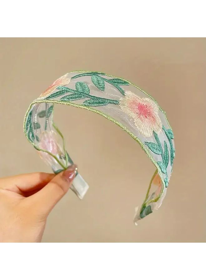 Pink Embroidered Hair Ties Floral Lace Beadwork Wide Ribbon Headband for Women - Image 5