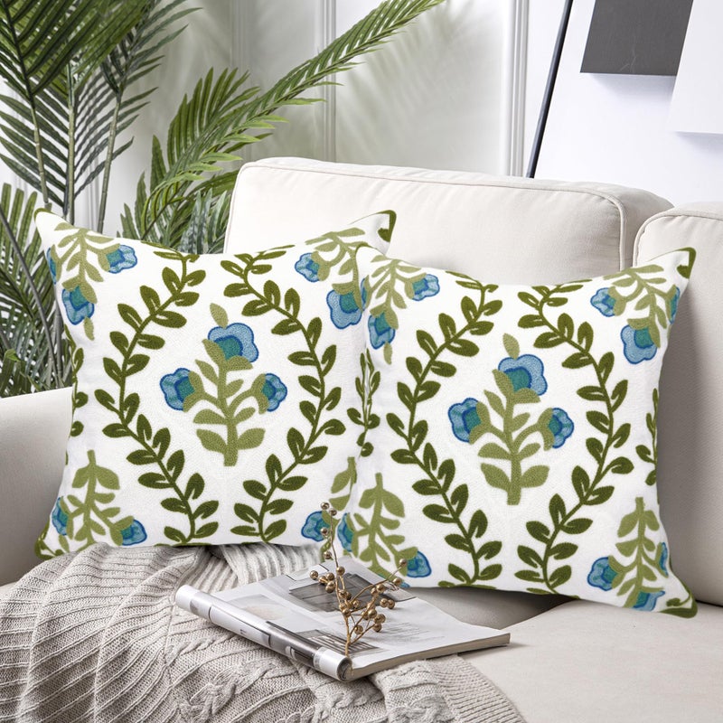 Alysheer Floral Embroidered Summer Decorative Throw Pillow Covers 20"x 20" Set of 2, Farmhouse Cottage Blue Flowers Green Leaves Knit Pattern Cotton Canvas Cushion Case for Couch Bed Living Room - Image 2