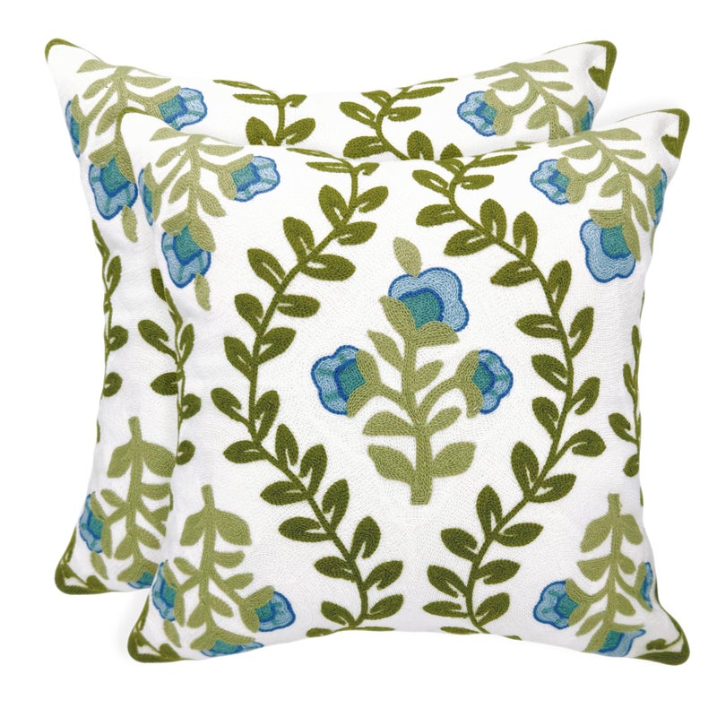 Alysheer Floral Embroidered Summer Decorative Throw Pillow Covers 20"x 20" Set of 2, Farmhouse Cottage Blue Flowers Green Leaves Knit Pattern Cotton Canvas Cushion Case for Couch Bed Living Room - Image 1