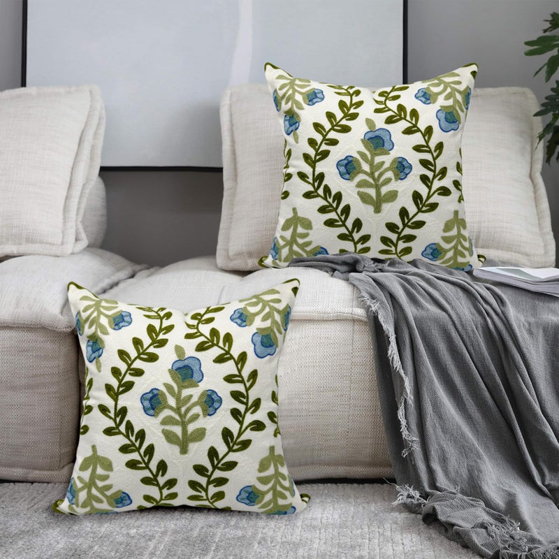Alysheer Floral Embroidered Summer Decorative Throw Pillow Covers 20"x 20" Set of 2, Farmhouse Cottage Blue Flowers Green Leaves Knit Pattern Cotton Canvas Cushion Case for Couch Bed Living Room - Image 3