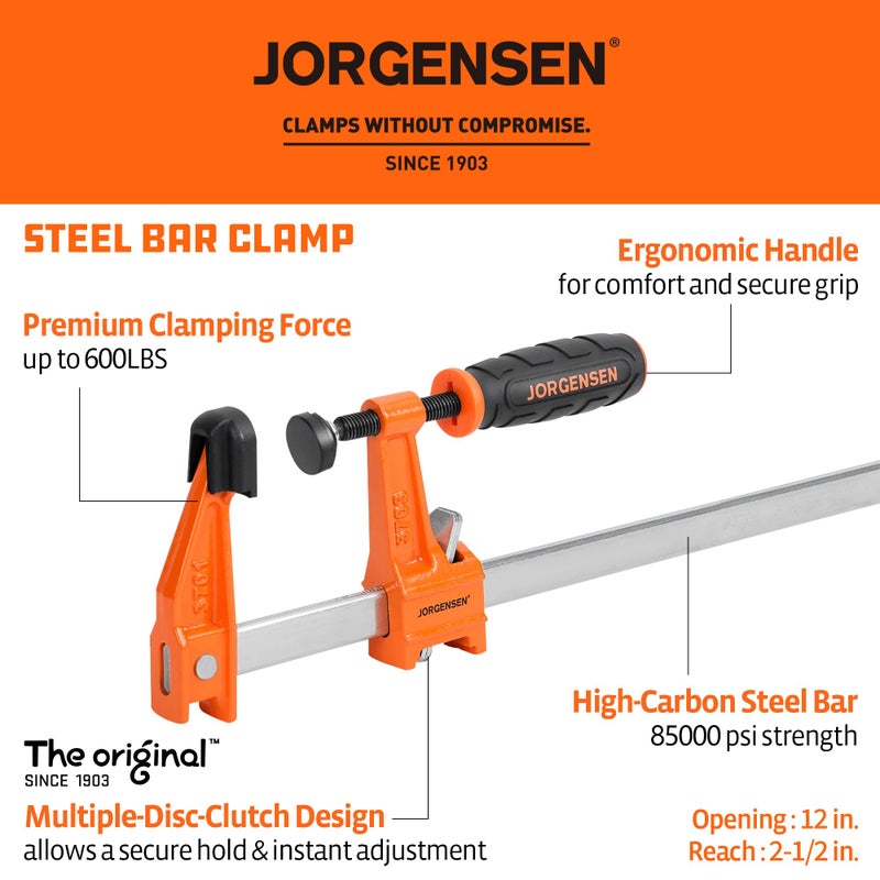 Jorgensen مجموعة مشابك بار فولاذية JORGENSEN 2-pack، 12 بوصة، متوسطة التحمل، حد تحميل 600 رطل، لنجارة الخشب - Image 2