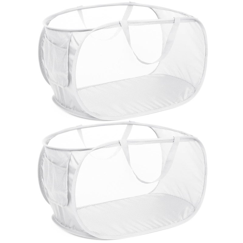 Bemkoo Strong Mesh Pop Up Laundry Basket, Collapsible Laundry Hamper with Side Pocket, Foldable Clothes Hamper with Durable Reinforced Handles for Laundry, Bathroom, Kids Room, Dorm or Travel 2 Pack White - Image 1