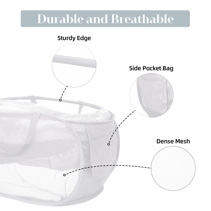 Bemkoo Strong Mesh Pop Up Laundry Basket, Collapsible Laundry Hamper with Side Pocket, Foldable Clothes Hamper with Durable Reinforced Handles for Laundry, Bathroom, Kids Room, Dorm or Travel 2 Pack White - Image 4