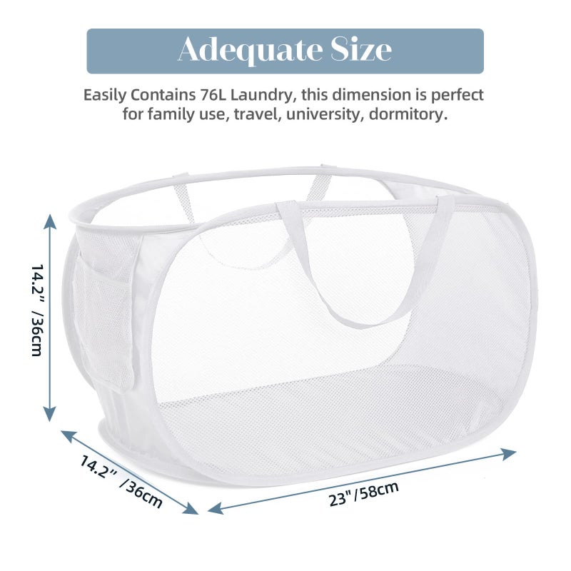 Bemkoo Strong Mesh Pop Up Laundry Basket, Collapsible Laundry Hamper with Side Pocket, Foldable Clothes Hamper with Durable Reinforced Handles for Laundry, Bathroom, Kids Room, Dorm or Travel 2 Pack White - Image 3