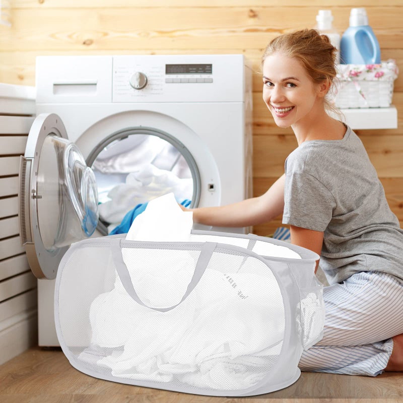Bemkoo Strong Mesh Pop Up Laundry Basket, Collapsible Laundry Hamper with Side Pocket, Foldable Clothes Hamper with Durable Reinforced Handles for Laundry, Bathroom, Kids Room, Dorm or Travel 2 Pack White - Image 2