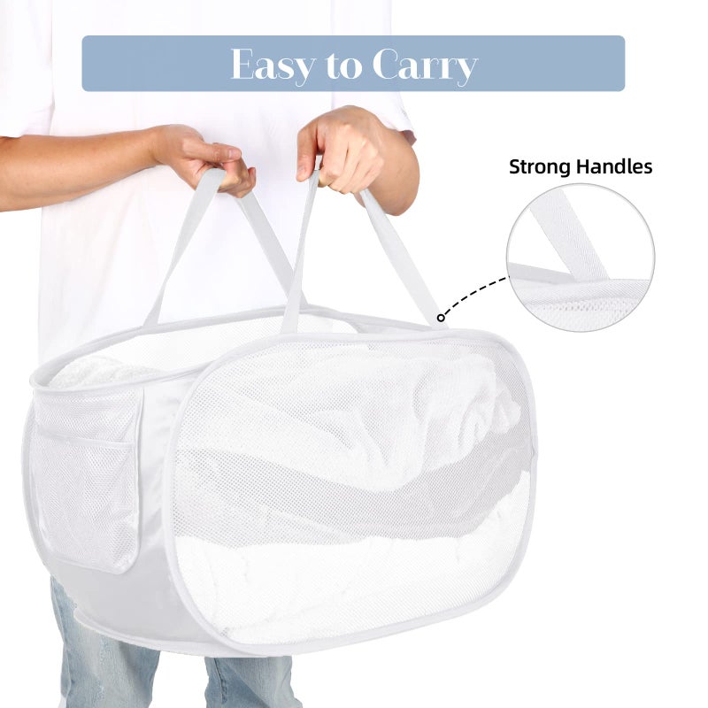 Bemkoo Strong Mesh Pop Up Laundry Basket, Collapsible Laundry Hamper with Side Pocket, Foldable Clothes Hamper with Durable Reinforced Handles for Laundry, Bathroom, Kids Room, Dorm or Travel 2 Pack White - Image 5