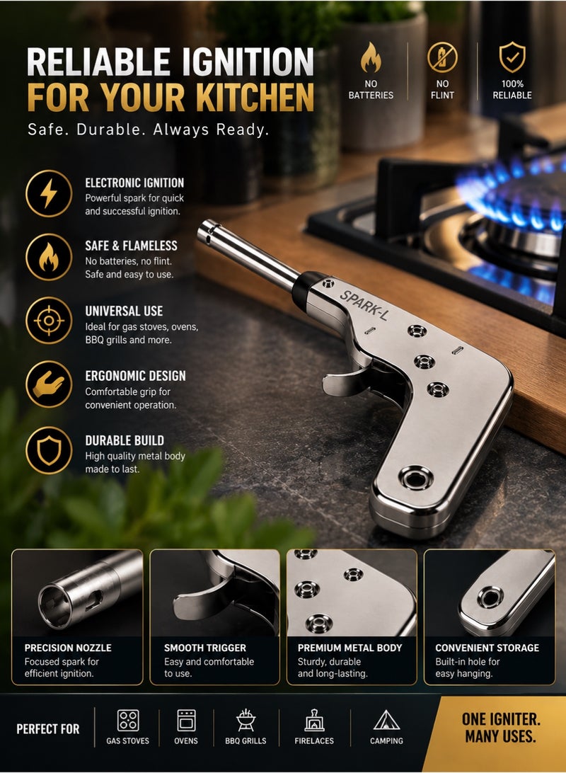 Spark-L Electronic Gas Igniter – Long Handle Stainless Steel Kitchen Lighter For Gas Stoves, Safe & Durable 7 * 27 Cm (Silver) - Image 3