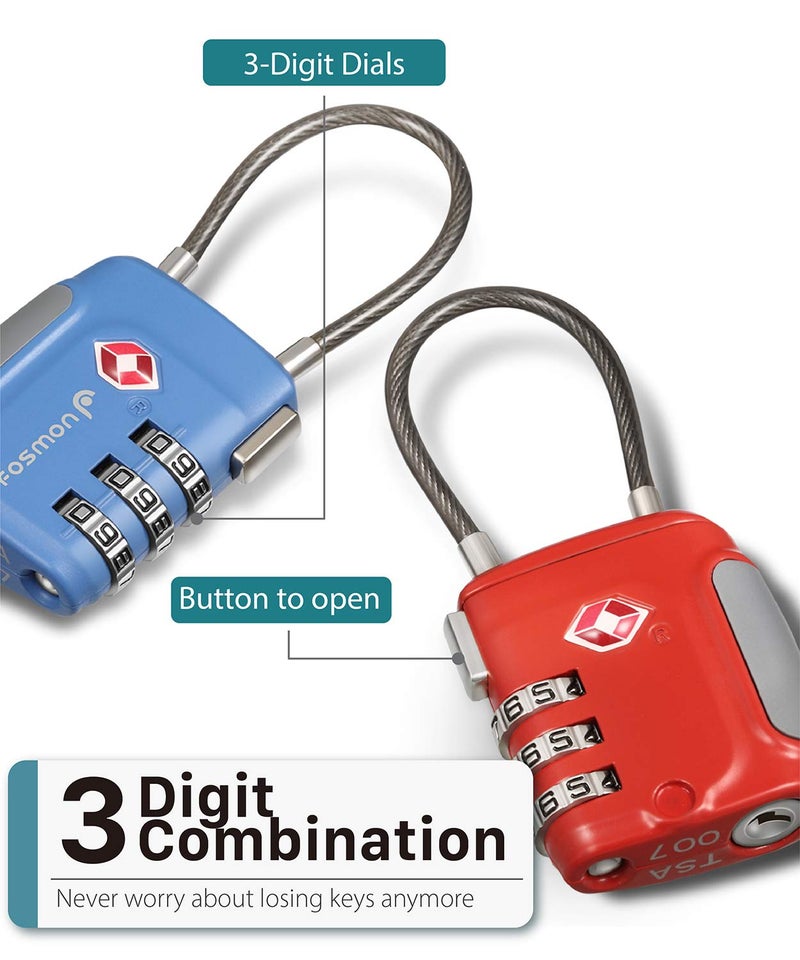 Fosmon Tsa Approved Luggage Locks Cable Suitcase Travel Lock 3 Digit Long Shackle Combination Padlock Wire Lock For Gym Locker Backpack Anti Theft - Image 3