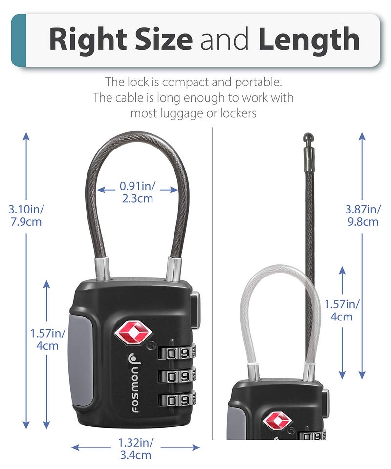Fosmon Tsa Approved Luggage Locks Cable Suitcase Travel Lock 3 Digit Long Shackle Combination Padlock Wire Lock For Gym Locker Backpack Anti Theft - Image 4
