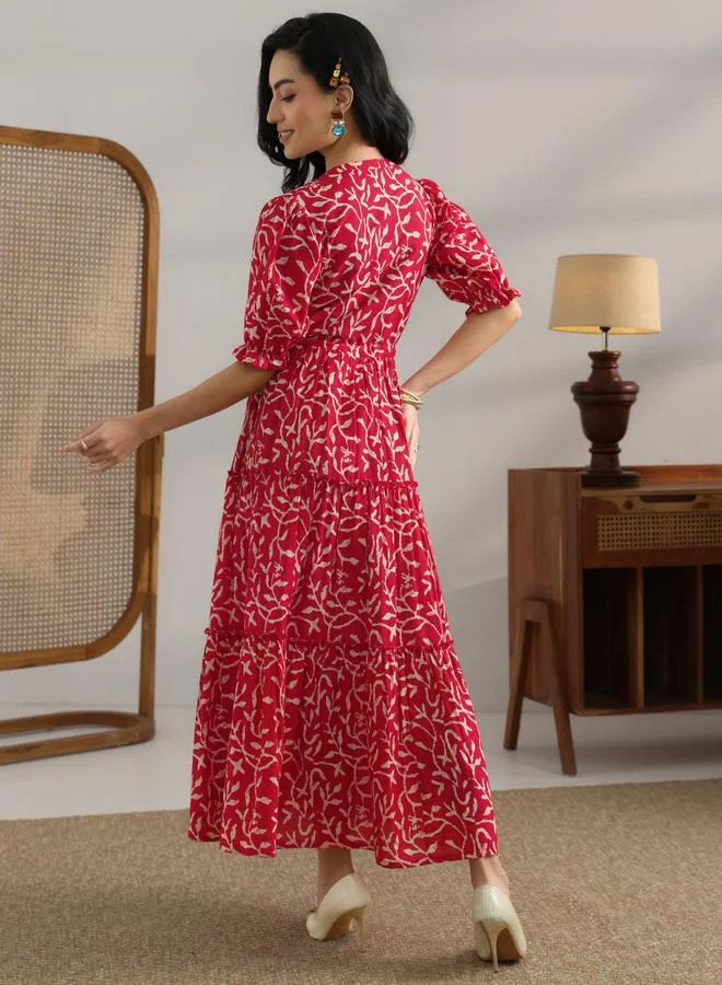 Libas  Red Printed Cotton Tiered Maxi Dress for Women | Best Price UAE
