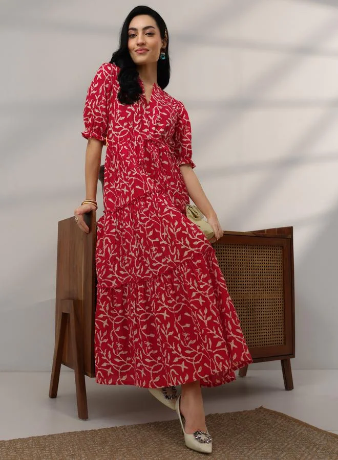 Libas  Red Printed Cotton Tiered Maxi Dress for Women | Best Price UAE