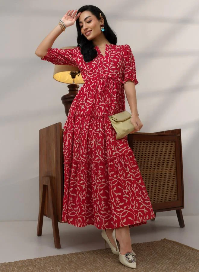 Red Printed Cotton Tiered Maxi Dress
