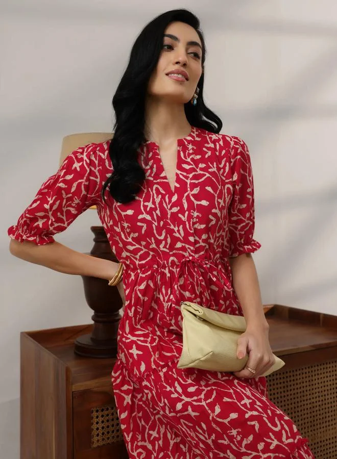 Libas  Red Printed Cotton Tiered Maxi Dress for Women | Best Price UAE