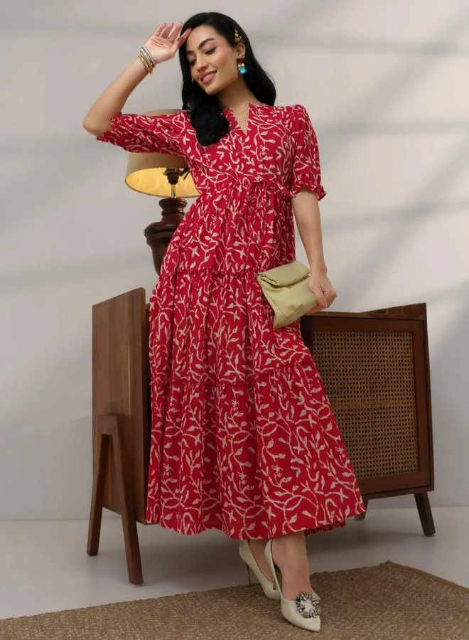 Libas  Red Printed Cotton Tiered Maxi Dress for Women | Best Price UAE
