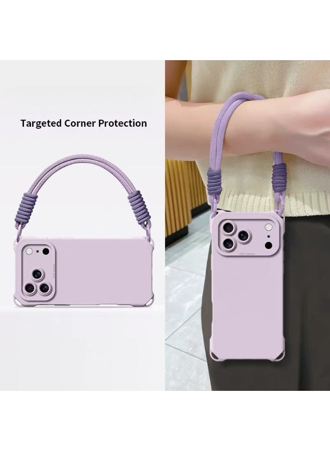 مونوج حافظة سيليكون سائلة لـ iPhone 17 Pro، مع رباط معصم يدوي، تصميم أنيق أنثوي نحيف، مُقبِل على الالتقاط ومُقاومة الصدمات، حماية دقيقة ومُتقنة، غطاء هاتف ناعم بحجم 6.3 بوصة لنساء وفتيات، لون أرجواني - Image 1