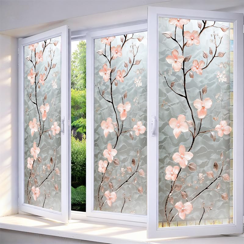 IVN Privacy Window Film Stained Glass Window Cling Pink Blossom Design Decorative Static Cling Glass Film for Bathroom Kitchen Door Panel 17.7 x 39.3 Inch - Image 1