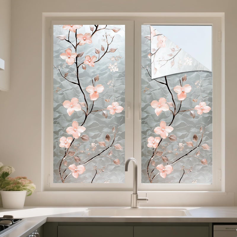 IVN Privacy Window Film Stained Glass Window Cling Pink Blossom Design Decorative Static Cling Glass Film for Bathroom Kitchen Door Panel 17.7 x 39.3 Inch - Image 5