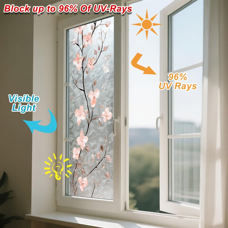 IVN Privacy Window Film Stained Glass Window Cling Pink Blossom Design Decorative Static Cling Glass Film for Bathroom Kitchen Door Panel 17.7 x 39.3 Inch - Image 4
