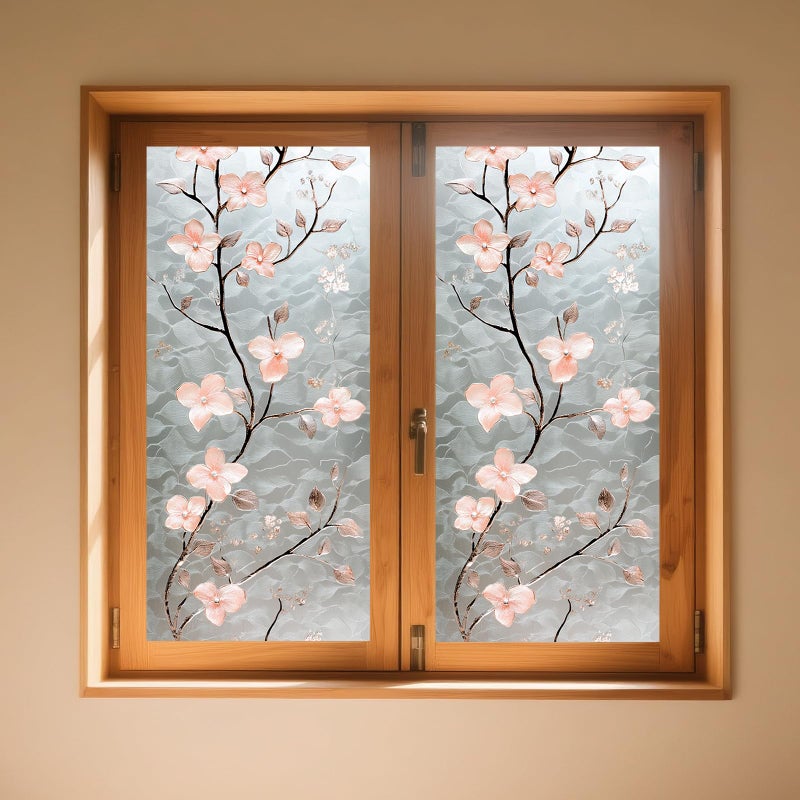 IVN Privacy Window Film Stained Glass Window Cling Pink Blossom Design Decorative Static Cling Glass Film for Bathroom Kitchen Door Panel 17.7 x 39.3 Inch - Image 2