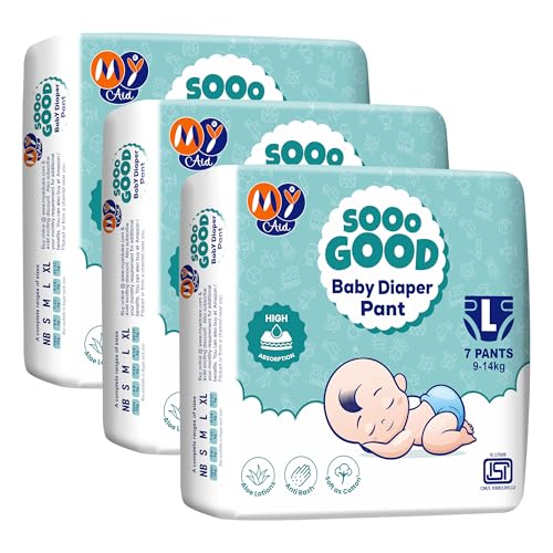 MyAid SOOO GOOD Baby Diaper Pants With Aloe Lotion & Wetness Indicator | Soft & Comfortable | Fast Absorption, Rash-Free, Leak-Proof, Large Size (L) 9-14 kg, 21 Count, Pack of 3 - Image 1
