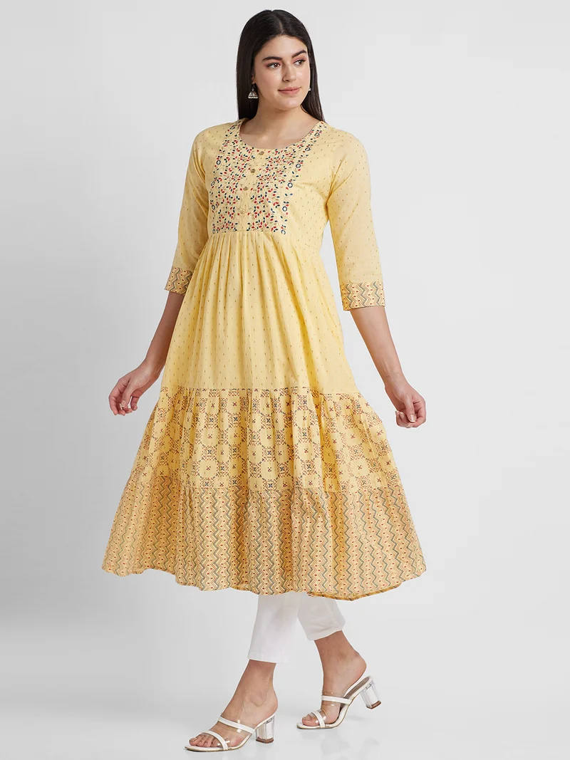globus Women Ethnic Motifs Embroidered Tiered Anarkali Pure Cotton Kurta