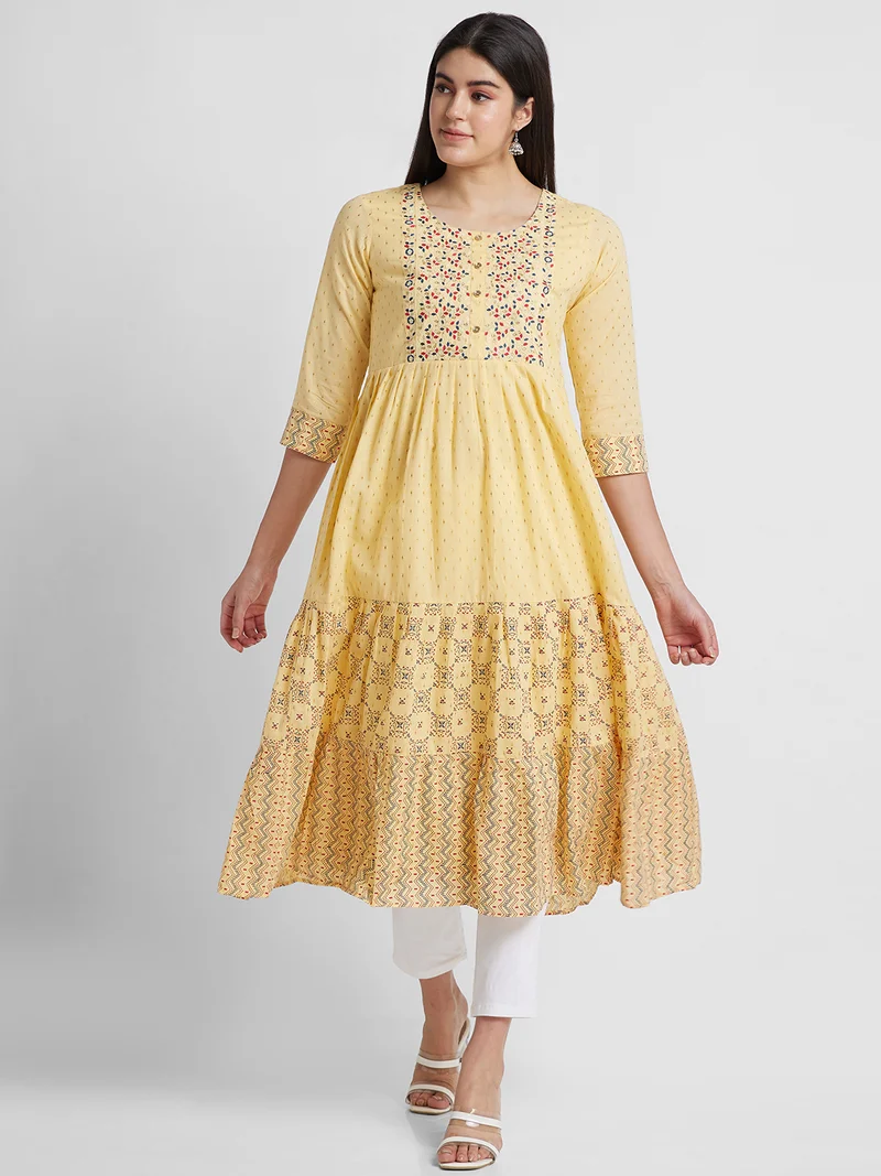 globus Women Ethnic Motifs Embroidered Tiered Anarkali Pure Cotton Kurta