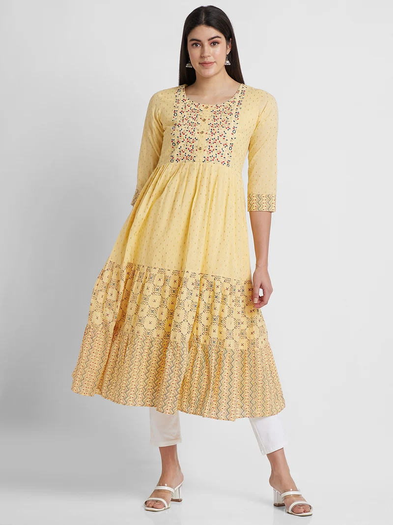 globus Women Ethnic Motifs Embroidered Tiered Anarkali Pure Cotton Kurta