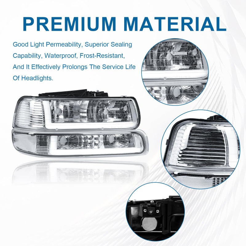 Fullux LED DRL Headlights Assembly for 1999-2002 Chevy Silverado 1500 2500 1500HD 2500HD 3500 2000-2006 Suburban Tahoe Headlamp Clear Reflector Chrome Housing - Image 3
