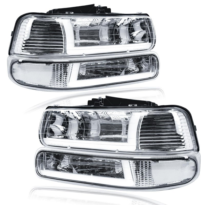 Fullux LED DRL Headlights Assembly for 1999-2002 Chevy Silverado 1500 2500 1500HD 2500HD 3500 2000-2006 Suburban Tahoe Headlamp Clear Reflector Chrome Housing - Image 1