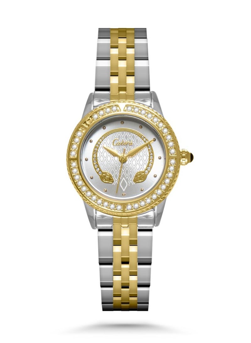 Catera This women's watch is made of stainless steel with a contemporary and modern design. It is an innovative watch for sophistication in dressing, and this delicately designed part makes it look very attractive and ideal to be the perfect choice for comfort in a modern style. Moreover, it is special and unique, since it has various details and distinctive packaging.