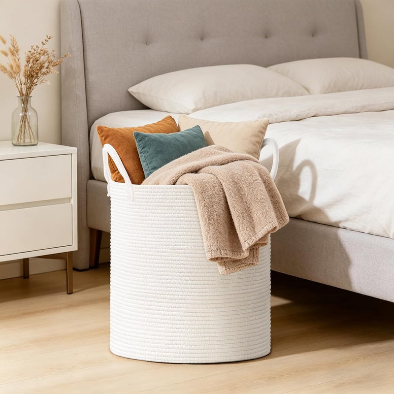 SunNewt Tall Laundry Basket with Handles, 88L Portable Dirty Clothes Hamper, Boho Cotton Rope Storage Bin for Blankets Kids Toys Gifts, Large Organizer for Baby Nursery Bedroom Bathroom, White - Image 5
