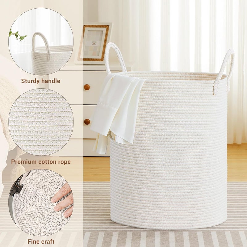 SunNewt Tall Laundry Basket with Handles, 88L Portable Dirty Clothes Hamper, Boho Cotton Rope Storage Bin for Blankets Kids Toys Gifts, Large Organizer for Baby Nursery Bedroom Bathroom, White - Image 3