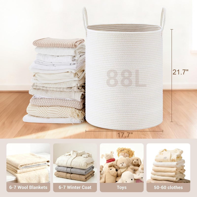 SunNewt Tall Laundry Basket with Handles, 88L Portable Dirty Clothes Hamper, Boho Cotton Rope Storage Bin for Blankets Kids Toys Gifts, Large Organizer for Baby Nursery Bedroom Bathroom, White - Image 2