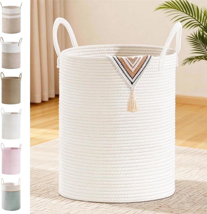 SunNewt Tall Laundry Basket with Handles, 88L Portable Dirty Clothes Hamper, Boho Cotton Rope Storage Bin for Blankets Kids Toys Gifts, Large Organizer for Baby Nursery Bedroom Bathroom, White - Image 1