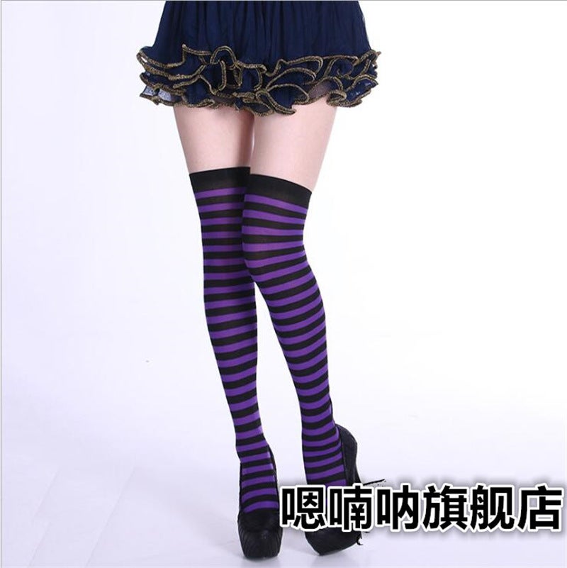 Halloween Day Cosplay Color Stitching Striped Thigh Socks Christmas Siaman Pantyhose Stockings Wholesale Purple-black striped thigh socks 
